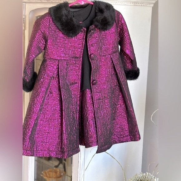 Holiday Editions Plum Metallic Dress/Coat Set W/Faux Fur Accents. Sz-24 Mo. EUC - Picture 1 of 16